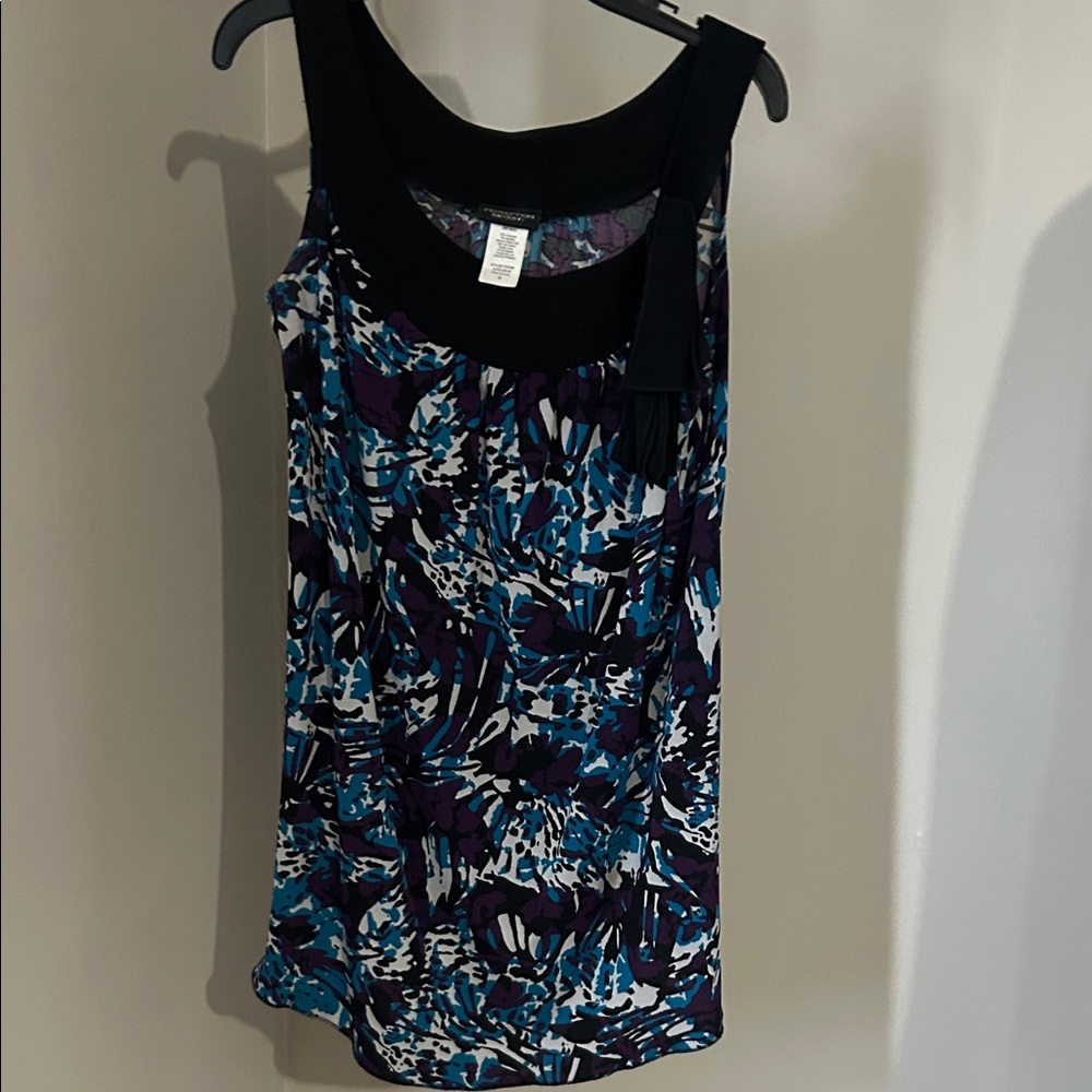 Abstract Print Sleeveless Tank Top with Black Trim - Blue & Purple